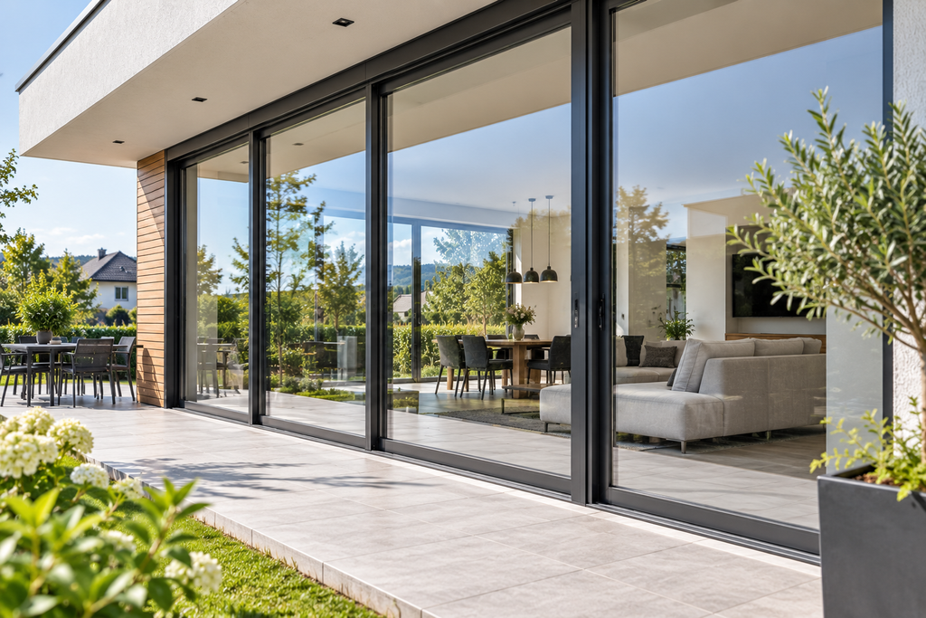 moderne terrasse mit glasfront und garten