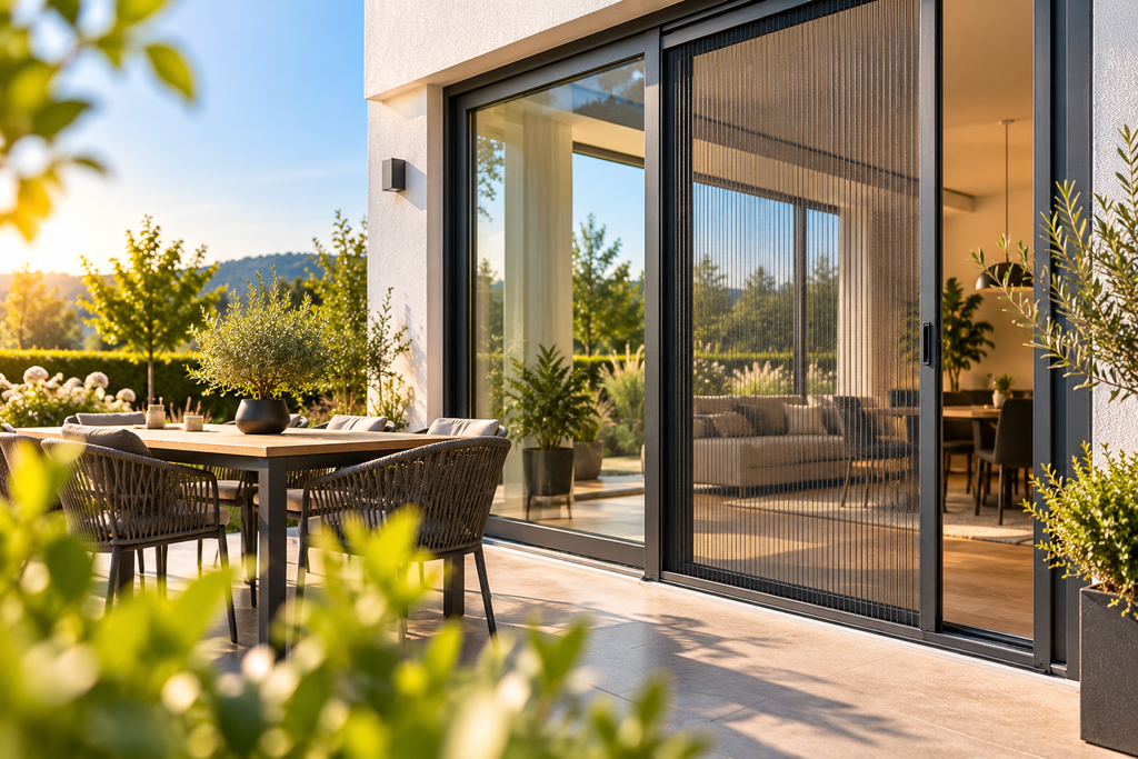 moderne terrasse mit insektenschutz schiebetür
