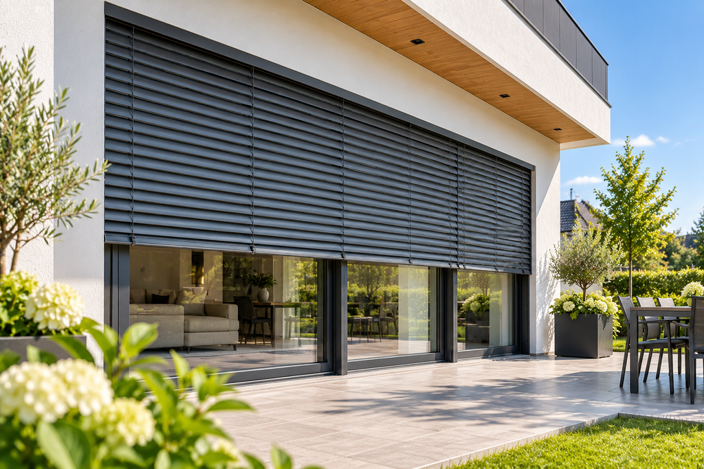 moderne terrasse mit raffstores und garten