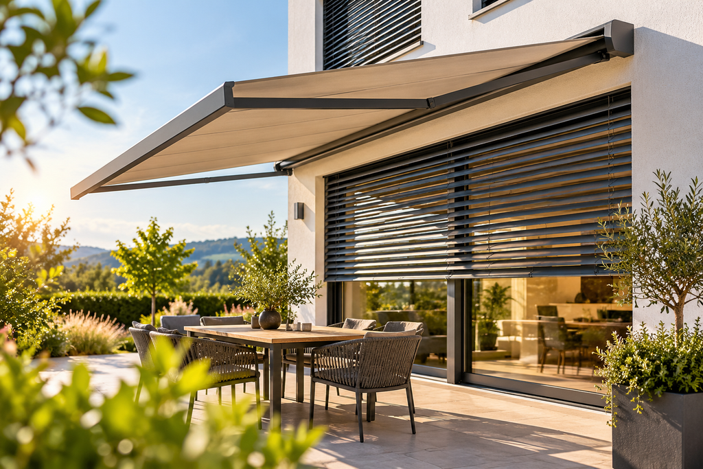 moderne terrasse mit sonnenschutz