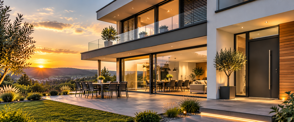 modernes haus im sonnenuntergang